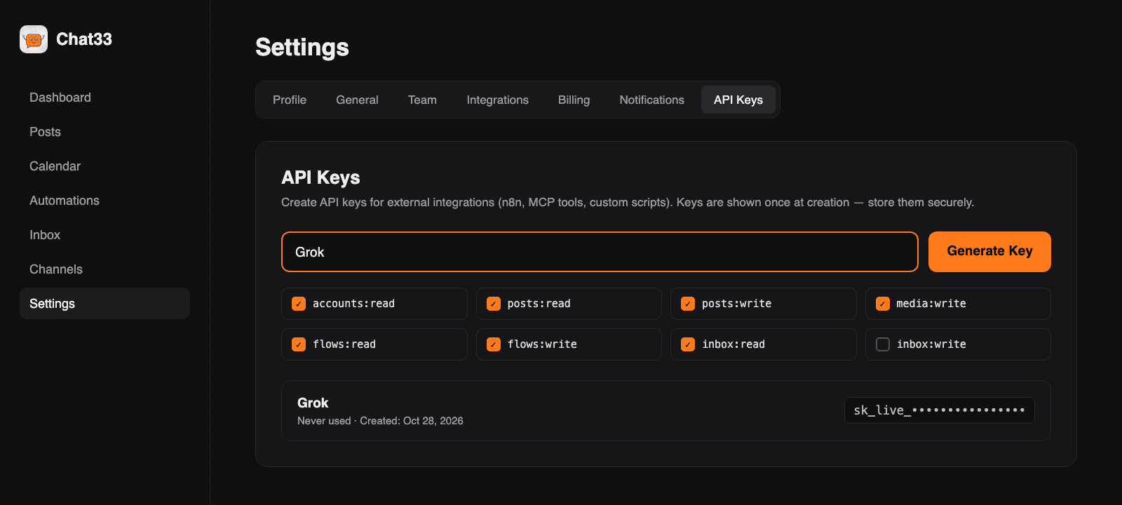 Illustration: Chat33 API Keys settings with a new key for Grok