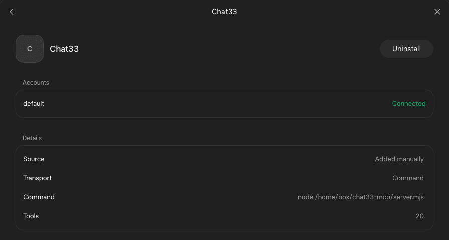 Grok connector details for Chat33: connected, 20 tools