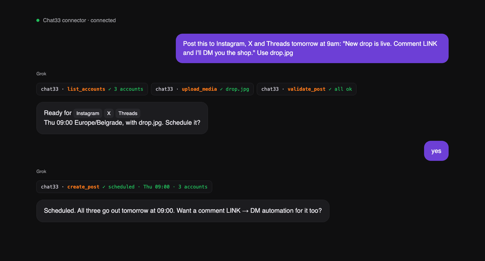 Illustration: Grok scheduling a post to Instagram, X and Threads through Chat33