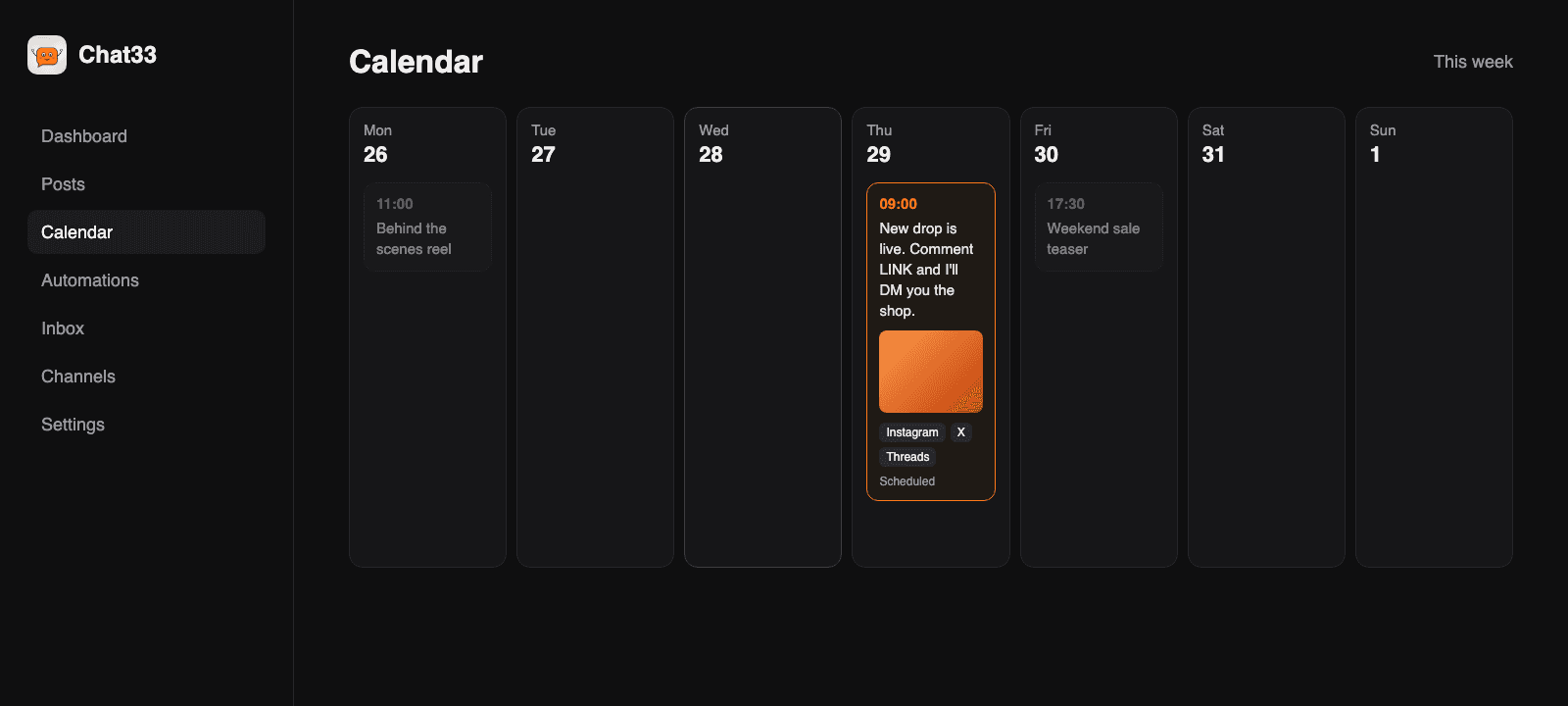 Illustration: the scheduled post in the Chat33 calendar