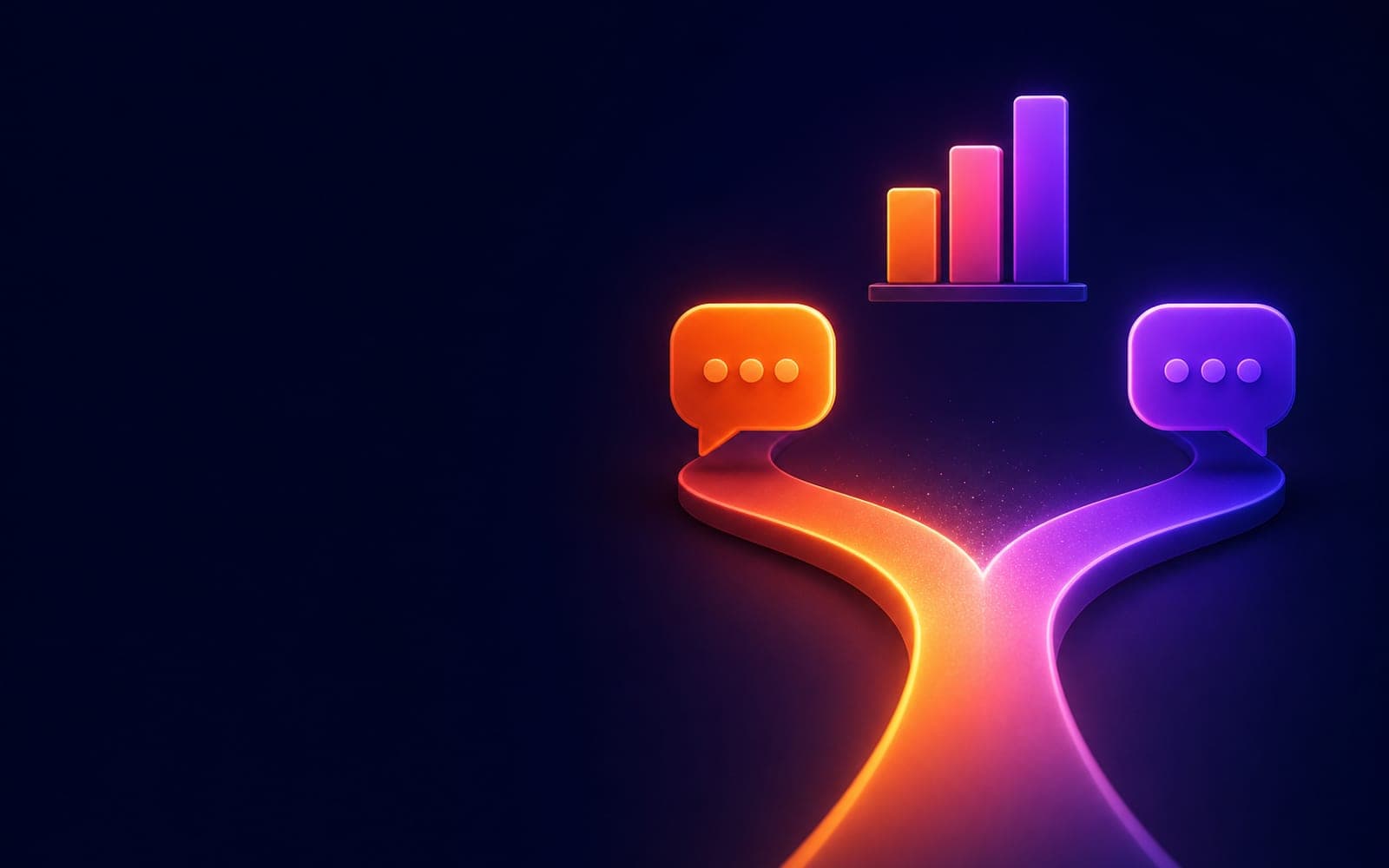 A glowing path splitting into two chat bubbles with a bar chart above