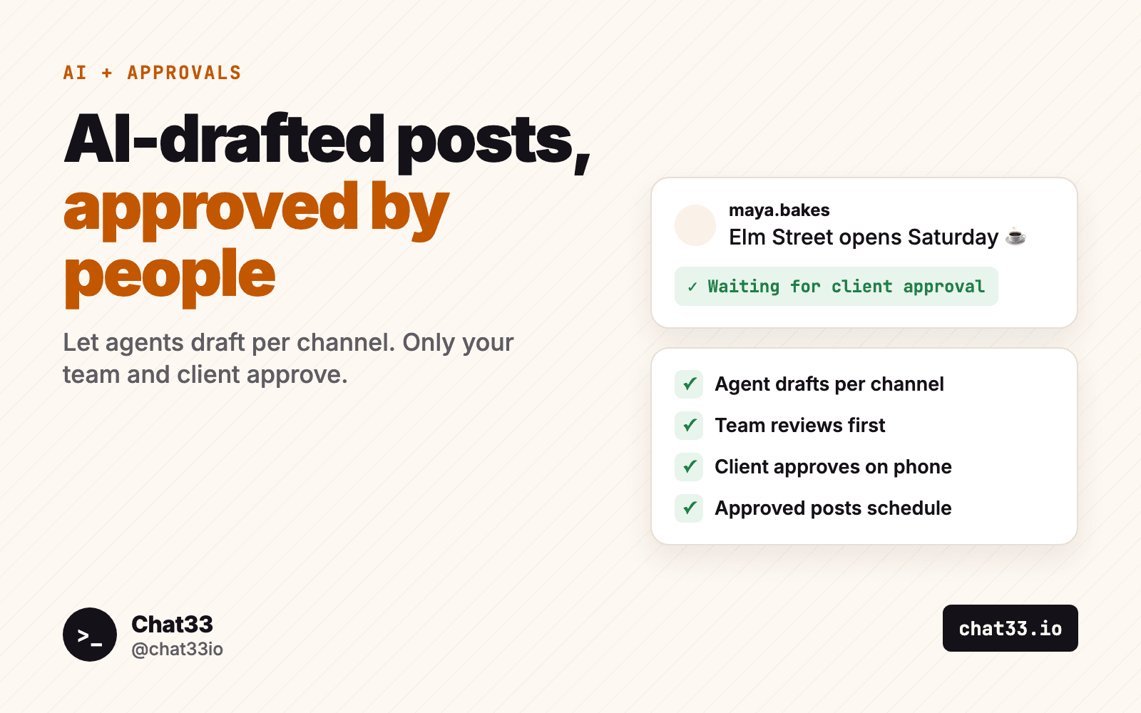 Title card: AI-drafted posts, approved by people, with a draft marked Waiting for client approval and a four-step checklist