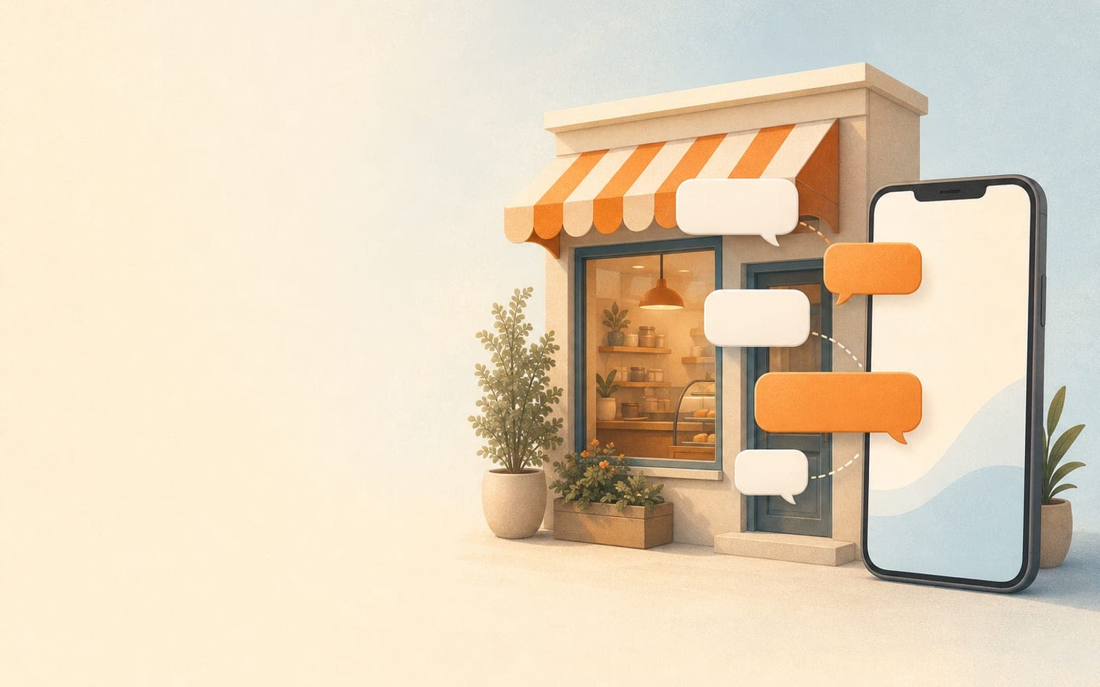 A small shop with an orange awning next to a phone, with chat bubbles traveling between them