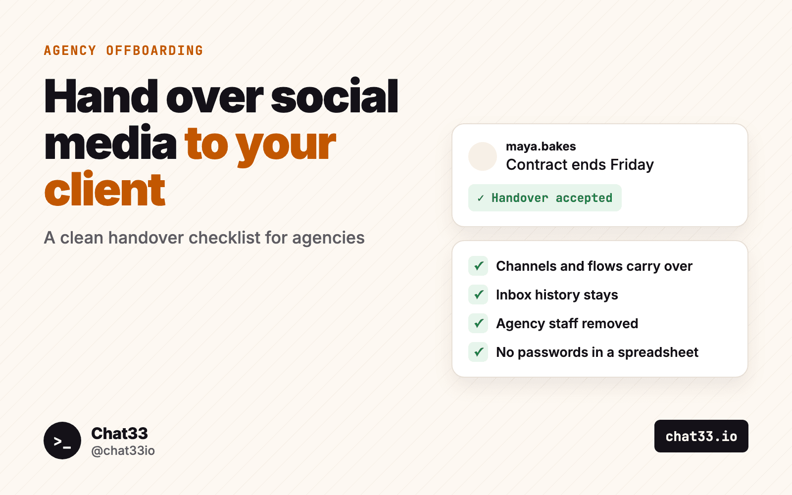 Title card: Hand over social media to your client, with a Handover accepted note and a four-point checklist