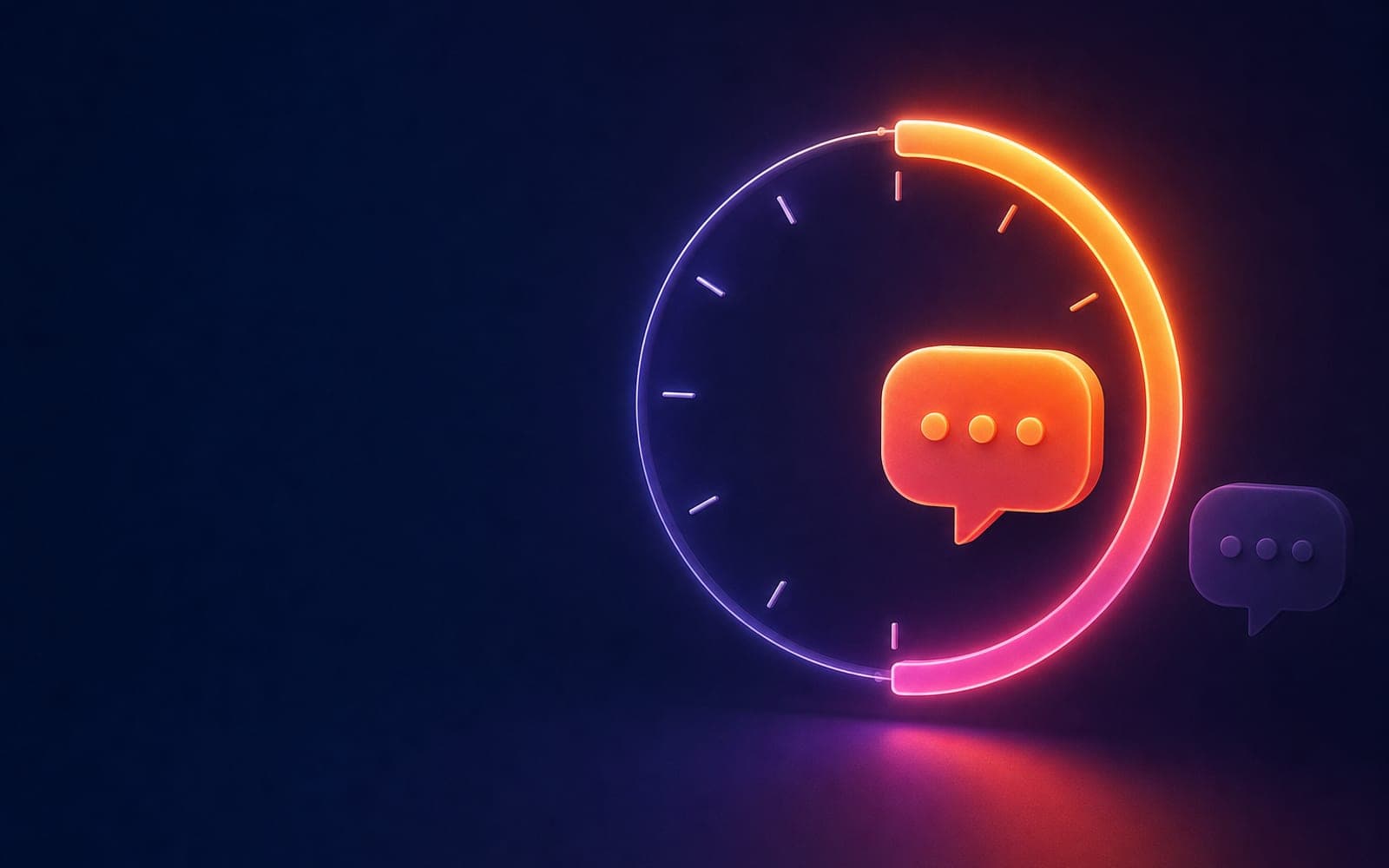 A glowing clock dial with a chat bubble inside a highlighted arc