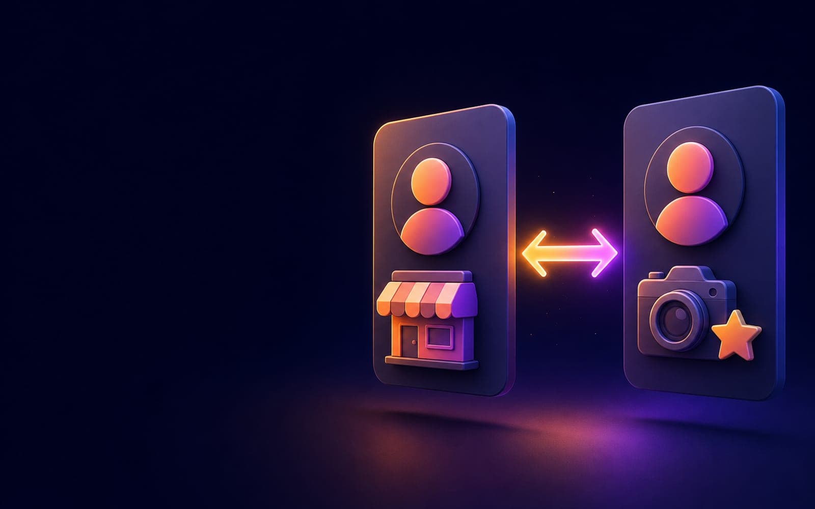 Two profile cards, one with a shop icon and one with a camera and star, linked by an arrow