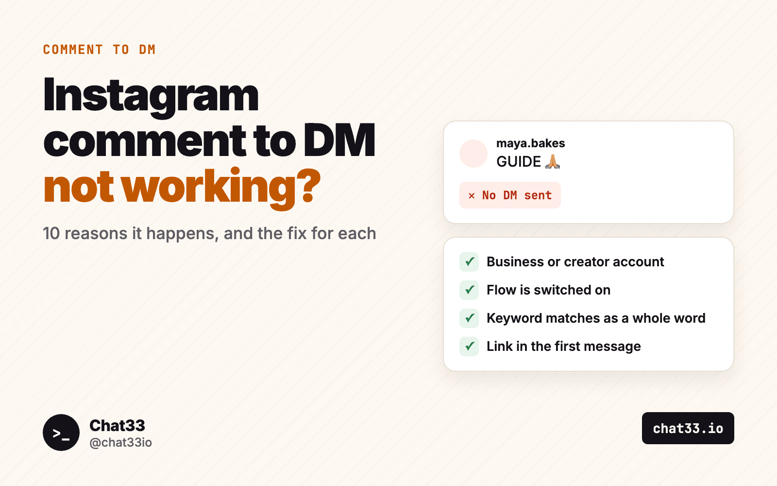Title card: Instagram comment to DM not working, why and how to fix it, with a comment that got no DM and a checklist