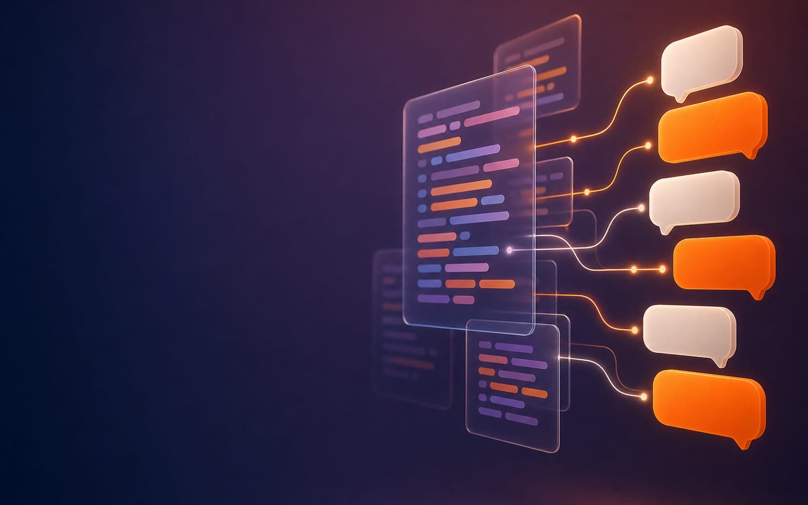 Glass panels of abstract code connected by glowing lines to orange and white chat bubbles