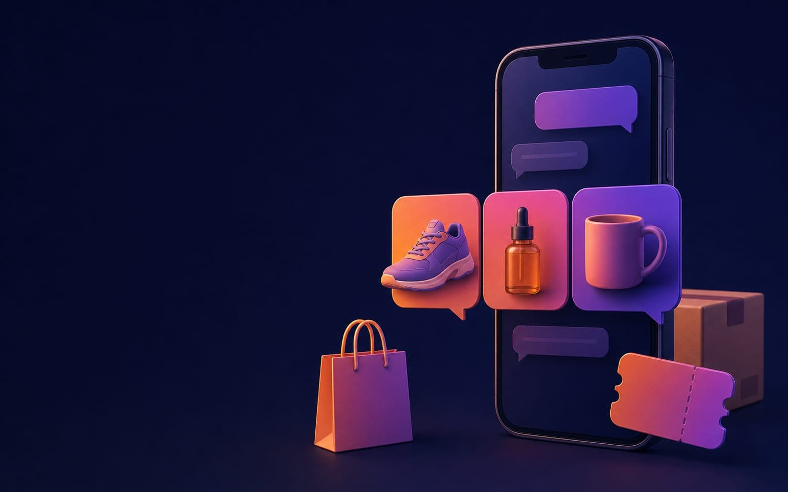 A phone showing product cards in chat bubbles next to a shopping bag and coupon
