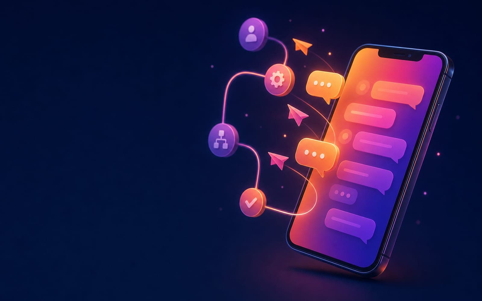 A phone with chat bubbles flowing out of it along an automated message flow