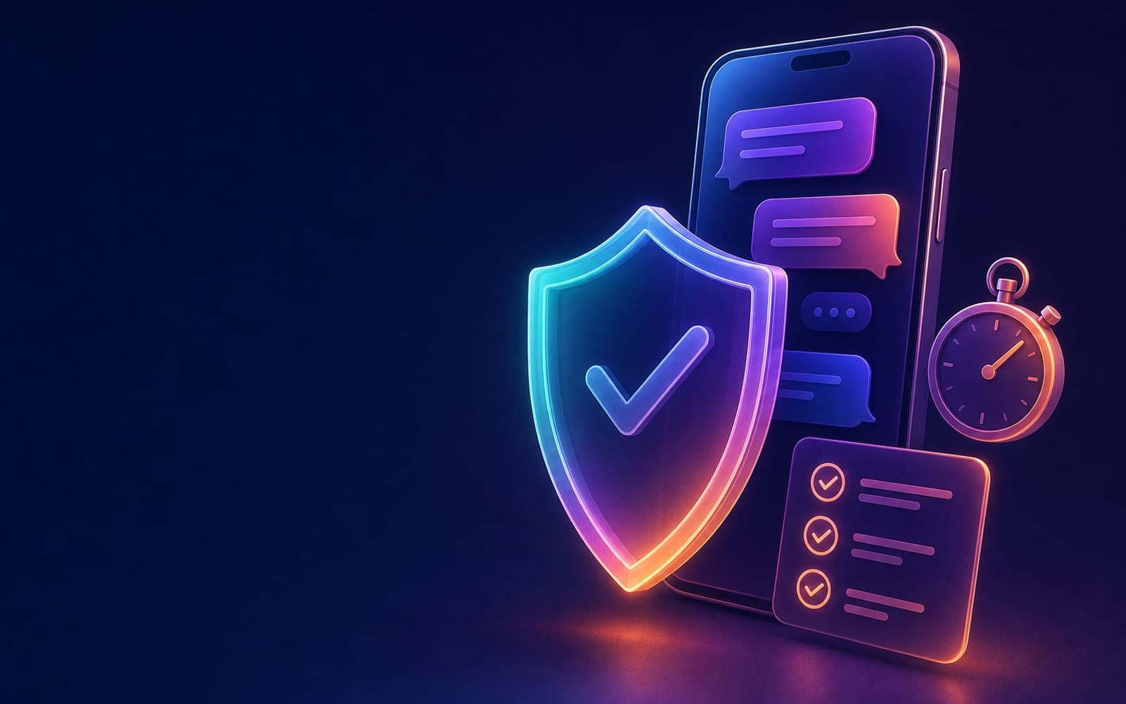 A glowing shield in front of a phone with chat bubbles, a checklist and a stopwatch