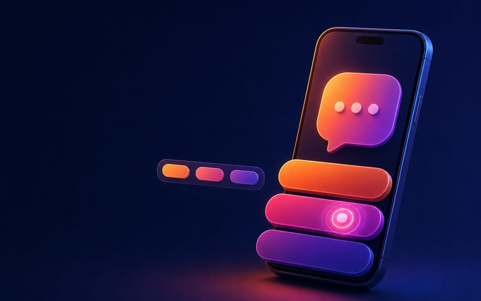 A phone with a chat bubble and three glowing buttons below it