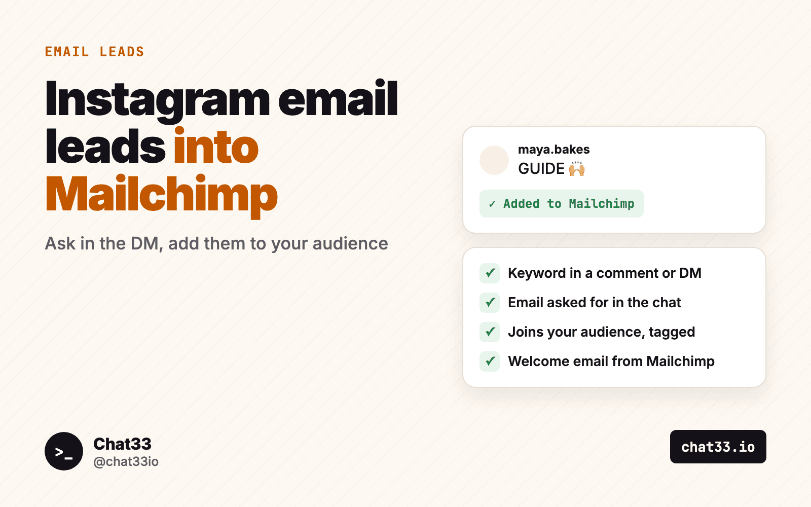 Title card: Instagram email leads into Mailchimp, with a GUIDE comment marked Added to Mailchimp and a four-step checklist