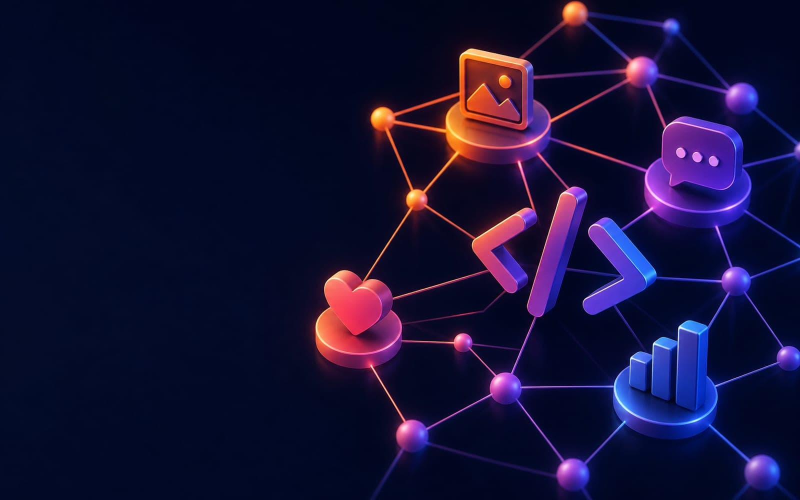 A glowing network graph with photo, chat, heart and chart icons on its nodes