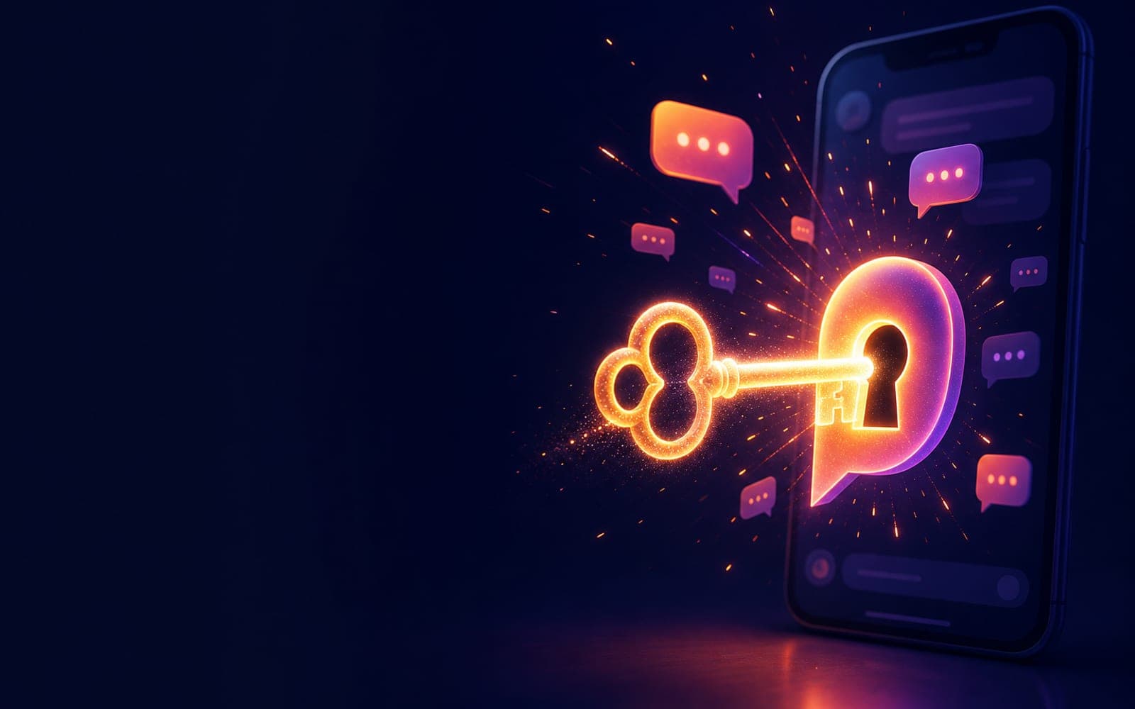 A glowing key entering a keyhole shaped like a chat bubble