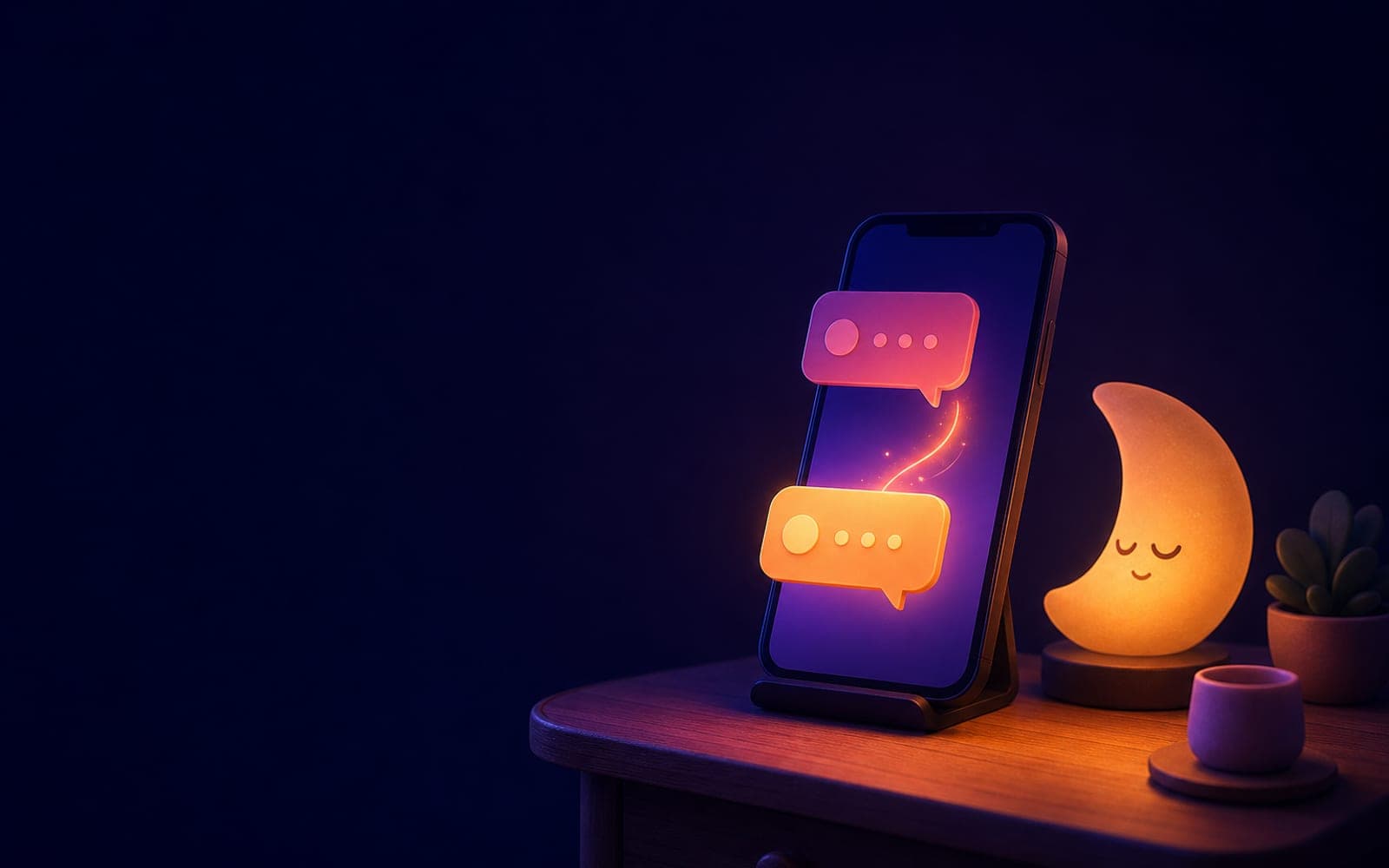 A phone on a desk at night receiving a message and replying