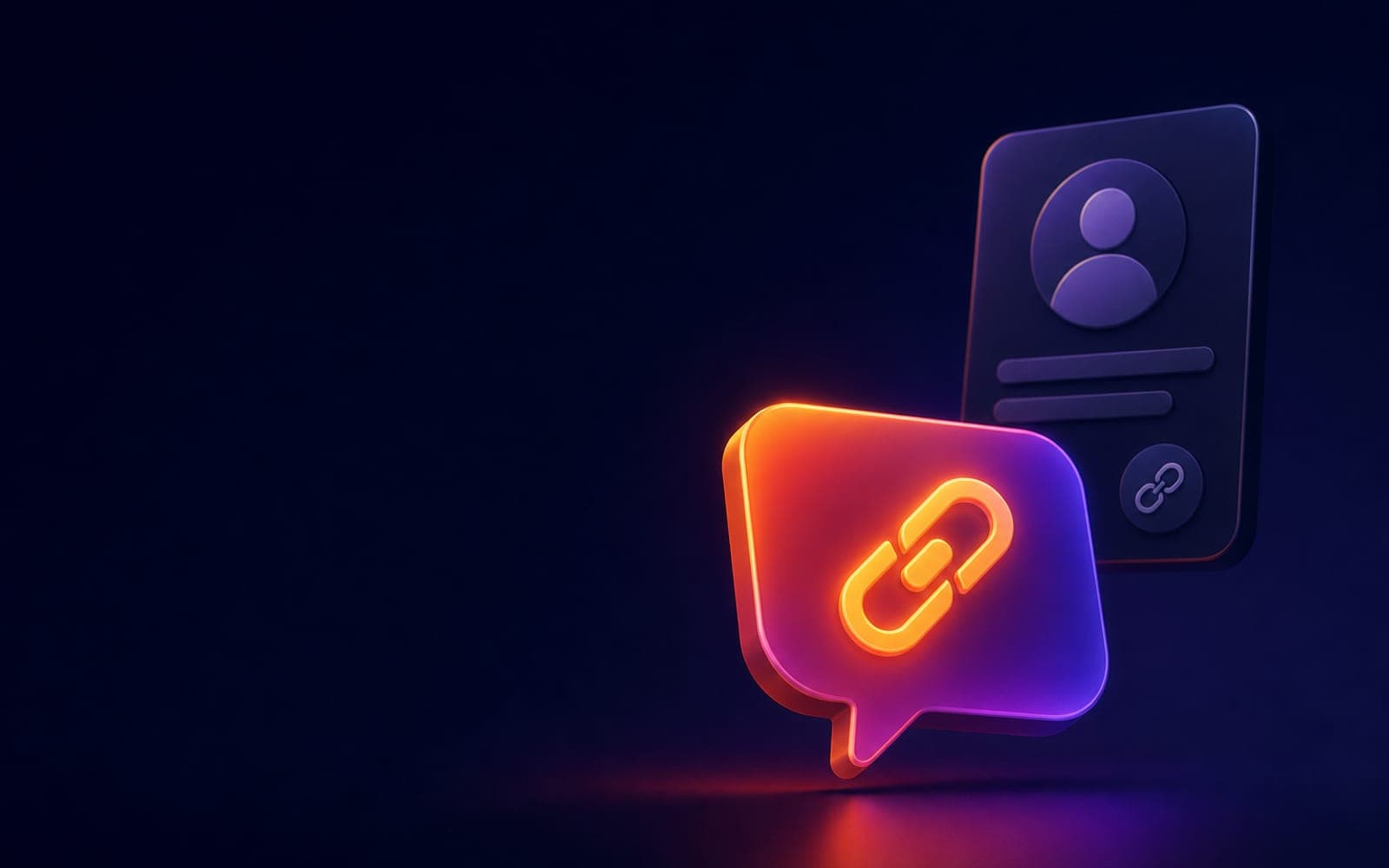A dim profile card with a link icon behind a bright chat bubble carrying a link