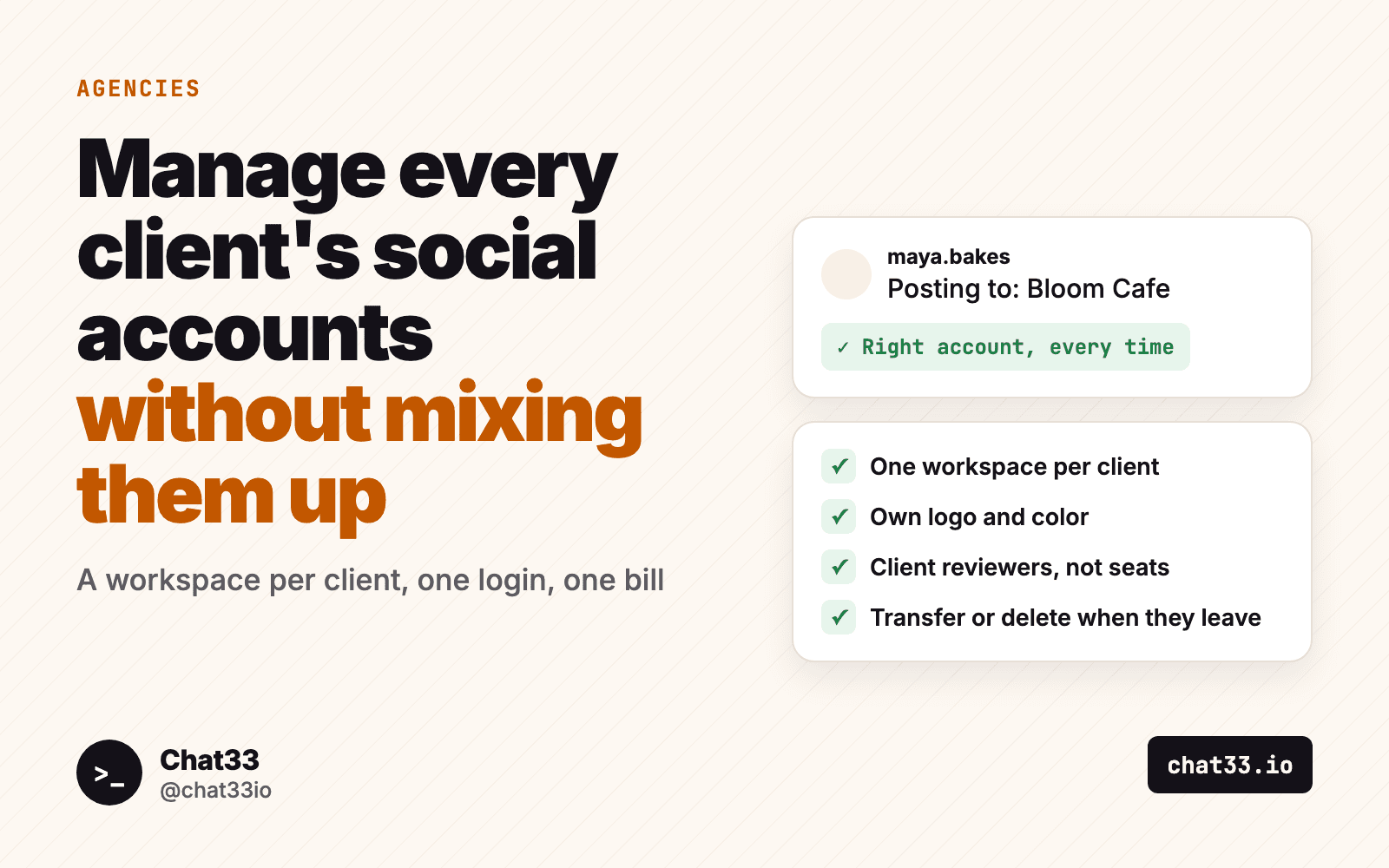 Title card: Manage every client's social accounts without mixing them up, with a post marked Right account, every time and a four-step checklist