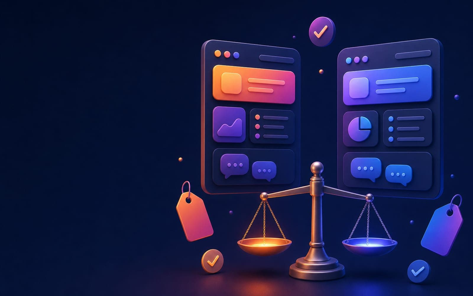 Two app dashboards on either side of a balance scale