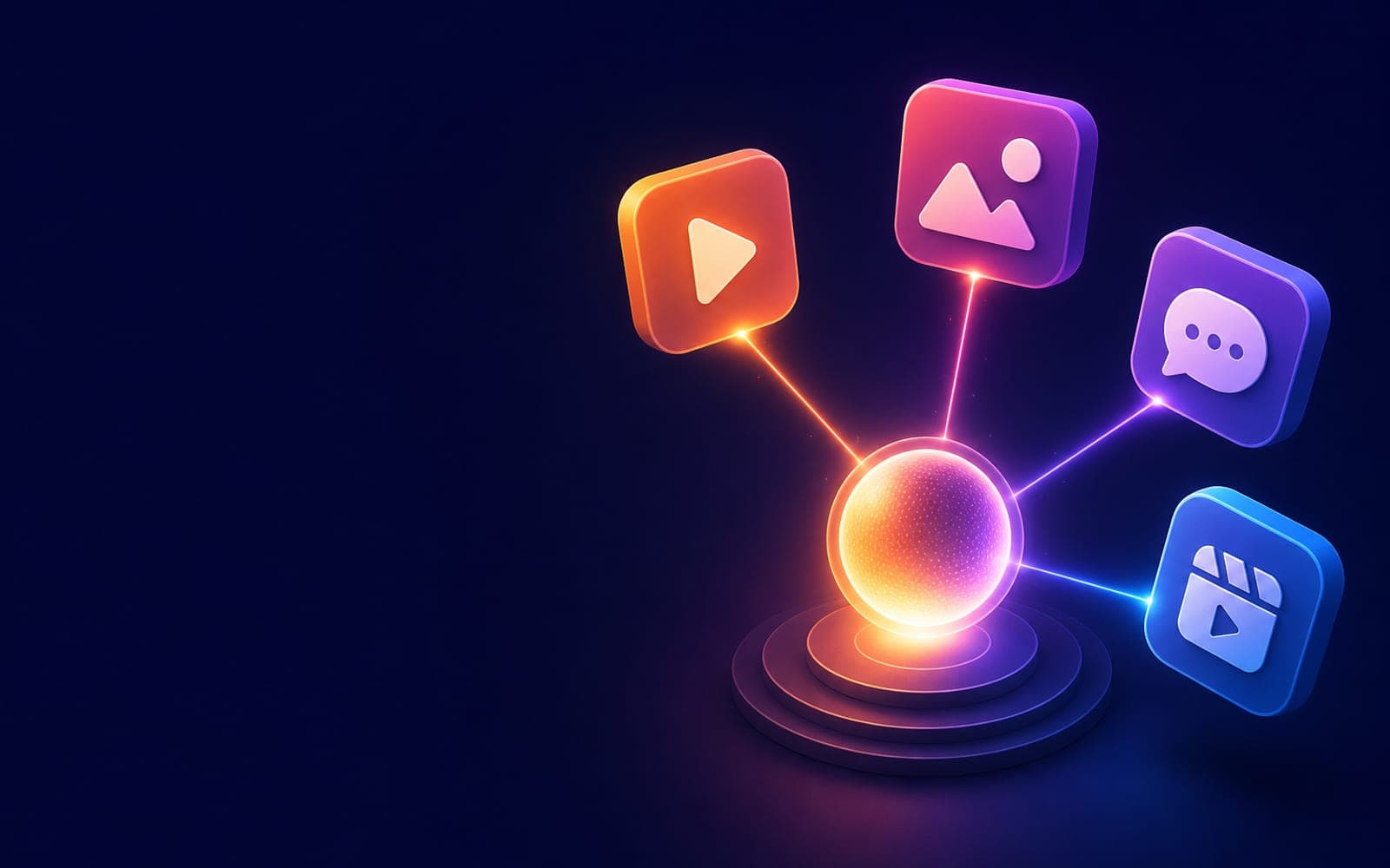 A glowing hub connected to several app tiles for video, photo and chat