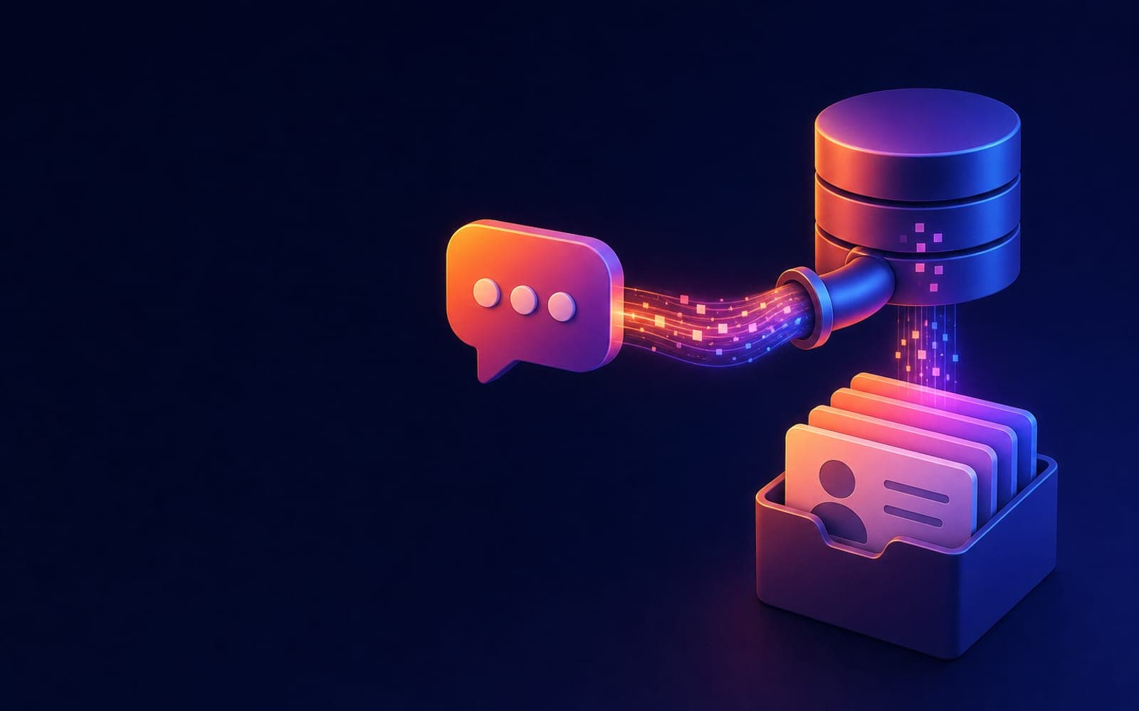 A chat bubble sending a data stream into a database and a box of contact cards