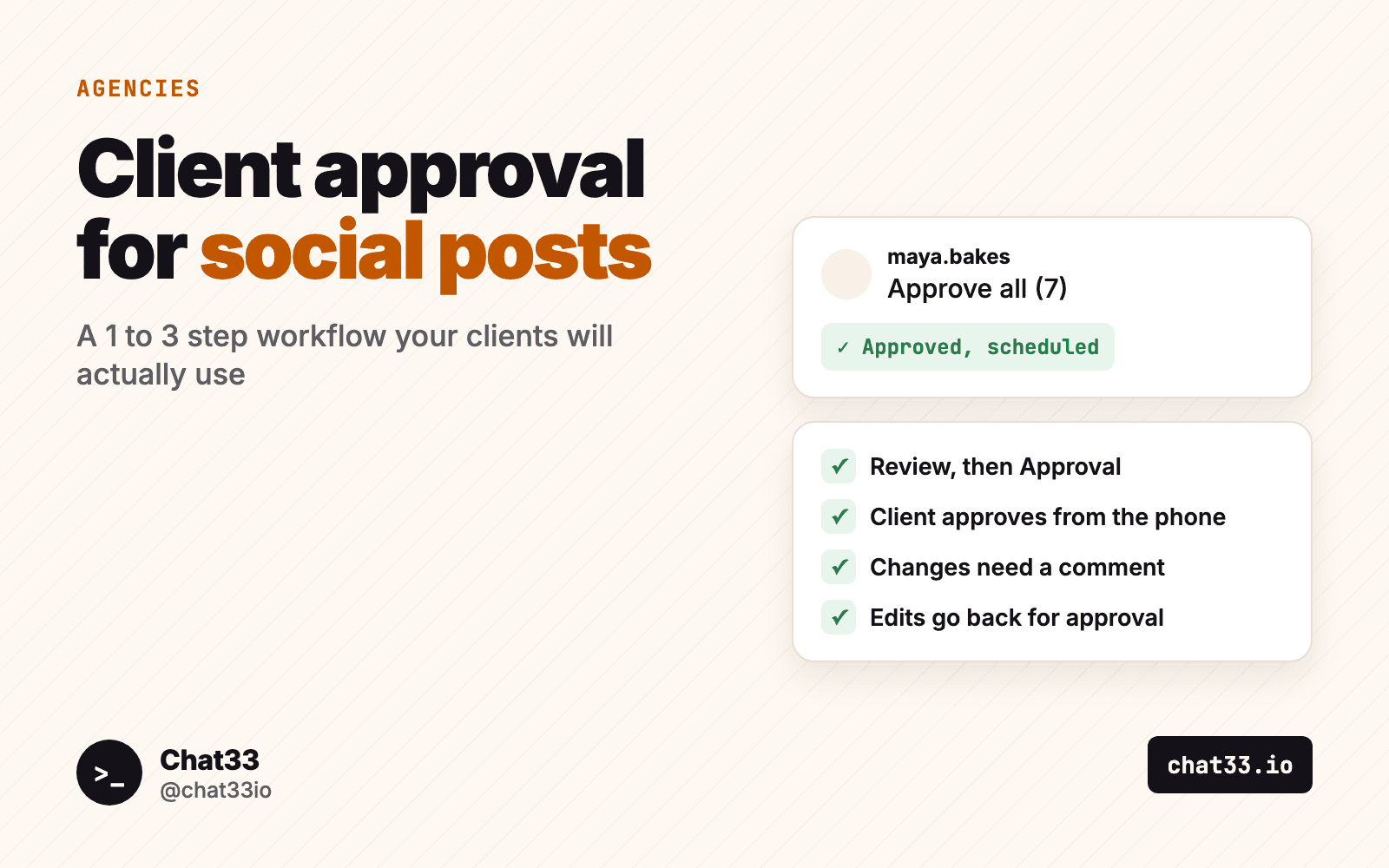 Title card: Client approval for social posts, with an Approve all button marked Approved, scheduled and a four-point checklist