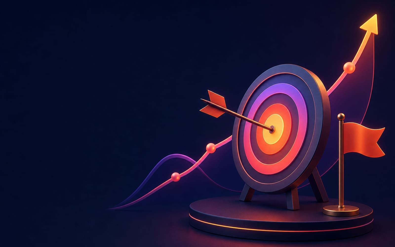 An archery target with an arrow in the center and a rising chart behind it