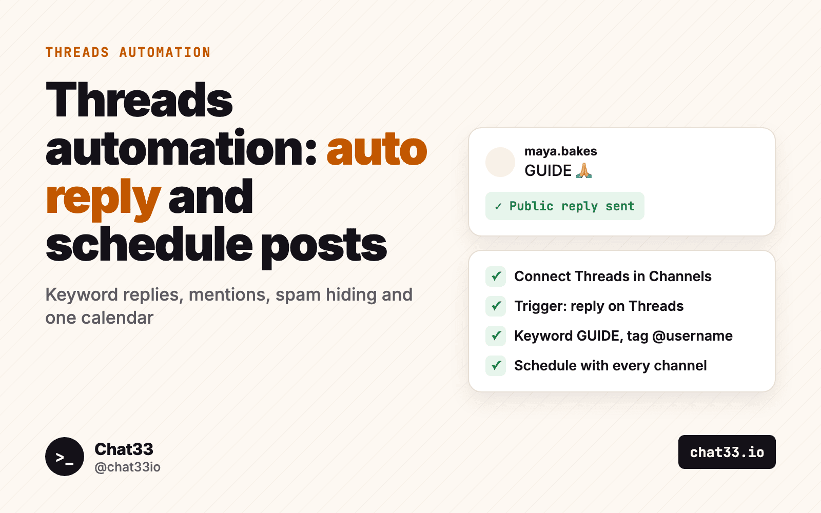 Title card: Threads automation, with a reply GUIDE marked Public reply sent and a four-step checklist