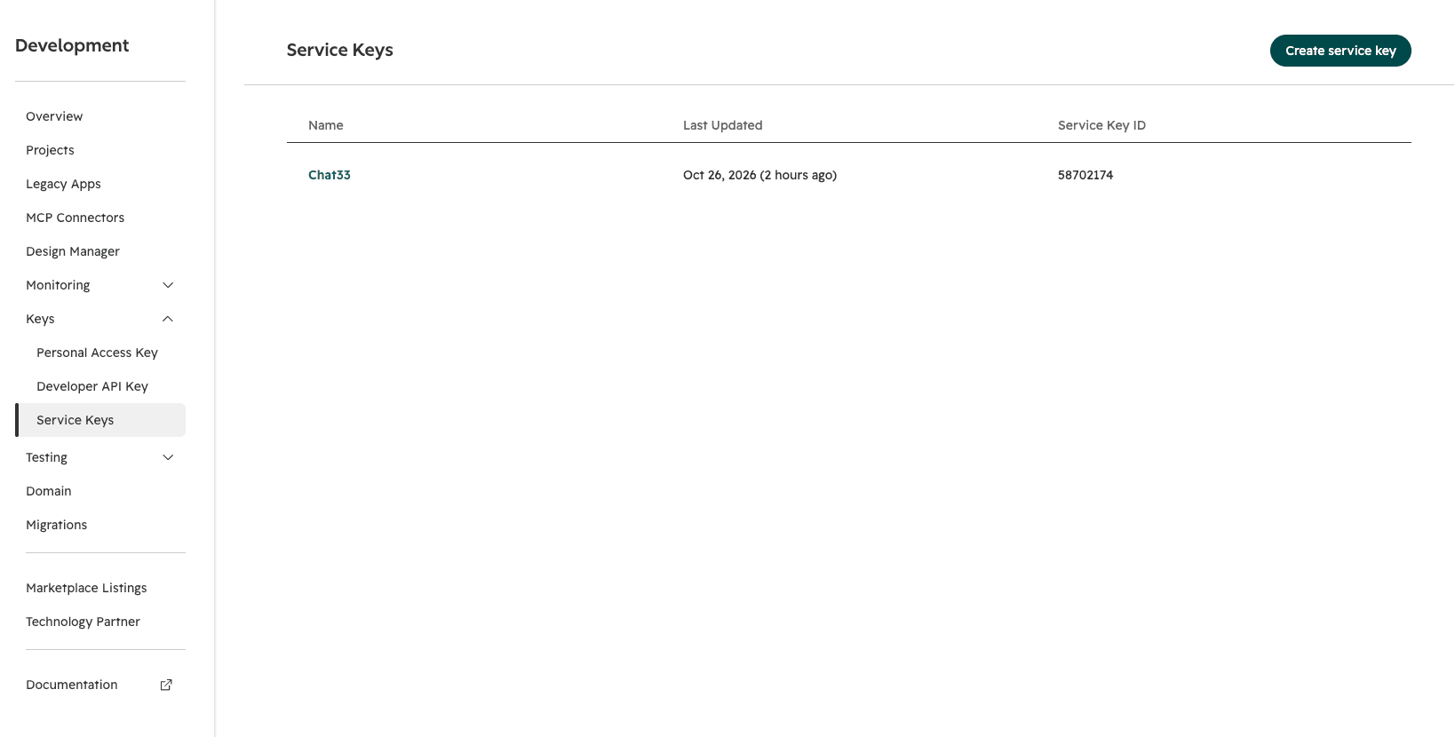 HubSpot Development, Keys, Service Keys page with a key named Chat33 and the Create service key button