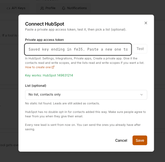 Connect HubSpot dialog after a successful test, with the list picker and the Save button