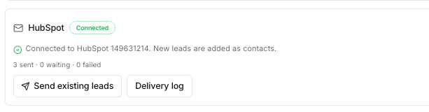 HubSpot card in Chat33 showing Connected, the sent, waiting and failed counts, and the Delivery log button