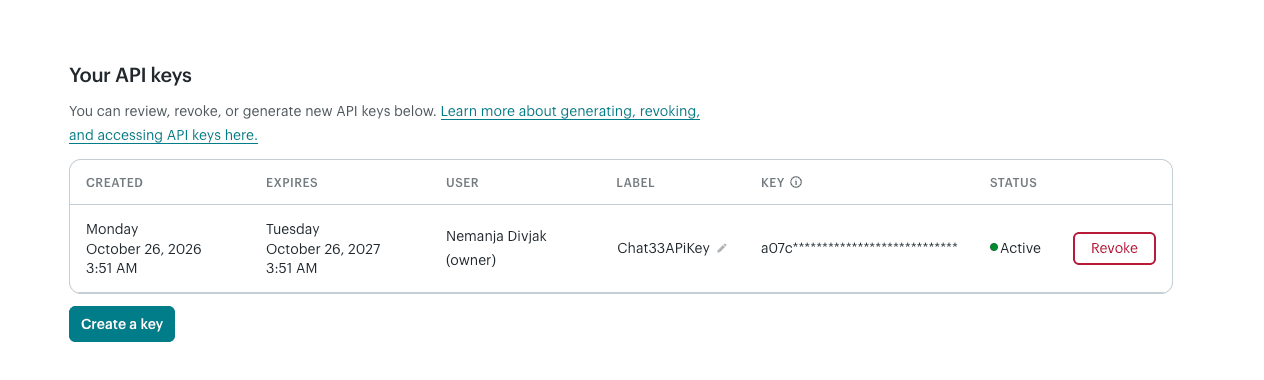 Mailchimp API keys page with the Create A Key button and a new key named Chat33