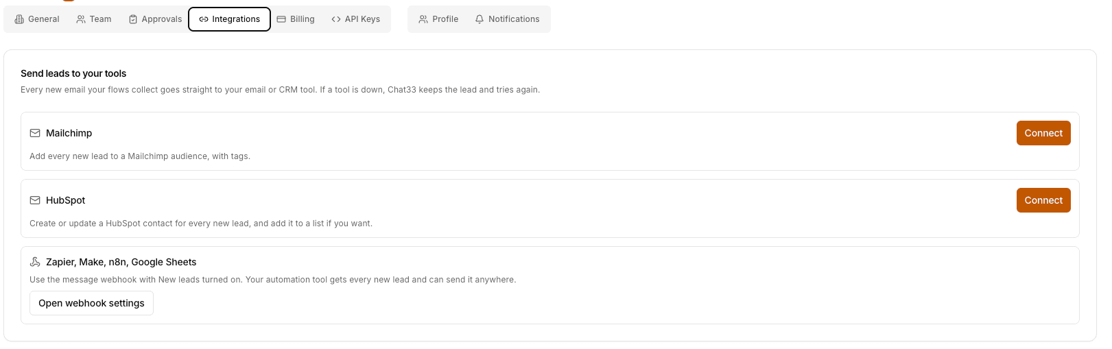 Chat33 Settings, Integrations tab with the Send leads to your tools card and the Mailchimp Connect button