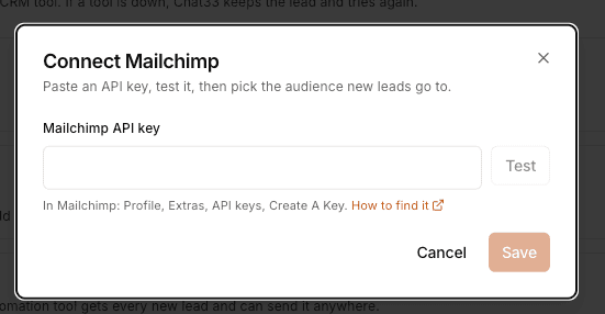 Connect Mailchimp dialog with the API key field and the Test button