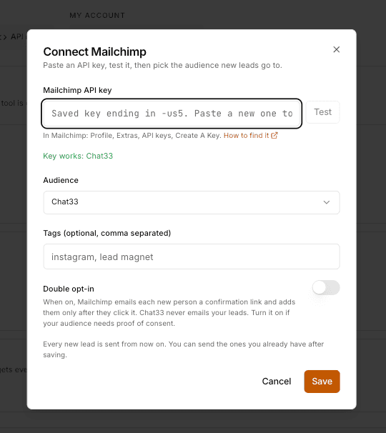 Connect Mailchimp dialog after a successful test: Key works, the audience picker, tags and the double opt-in switch