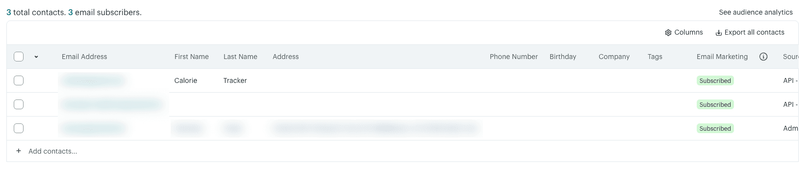 Mailchimp audience contacts list with new Instagram leads added through the API, emails blurred
