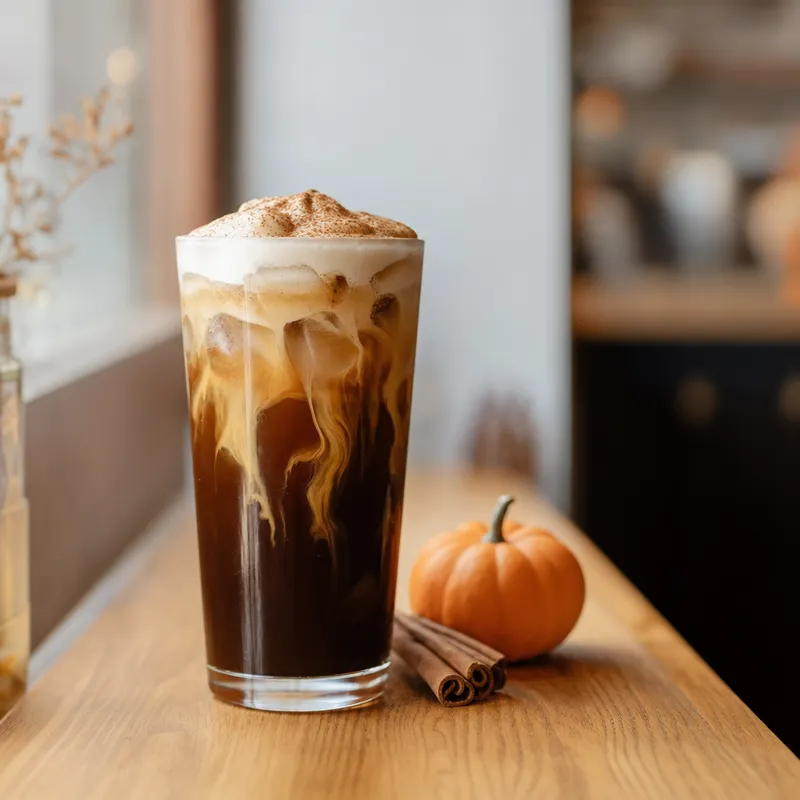 Pumpkin cold brew in a tall glass on a wooden cafe counter, next to a small pumpkin and cinnamon sticks