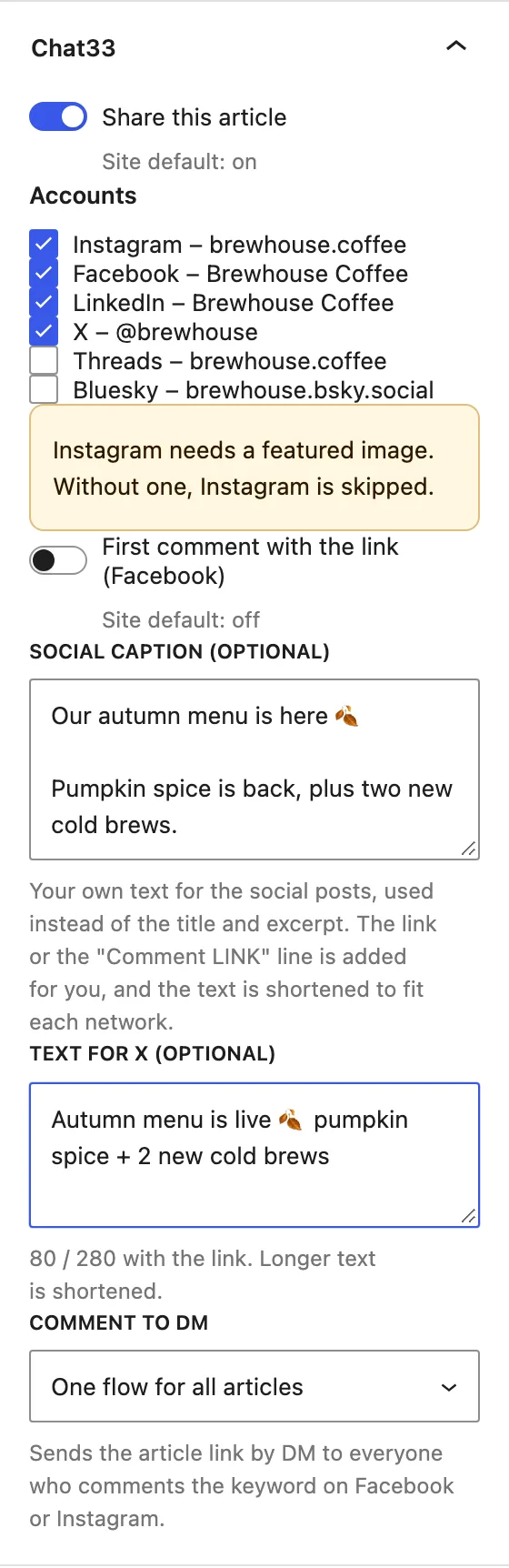 The Chat33 panel in the WordPress editor: accounts, social caption, text for X with a 280 counter, comment to DM